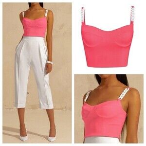 NWT L'Momo Bustier Top Chain Straps Barbie Pink White Crop 6